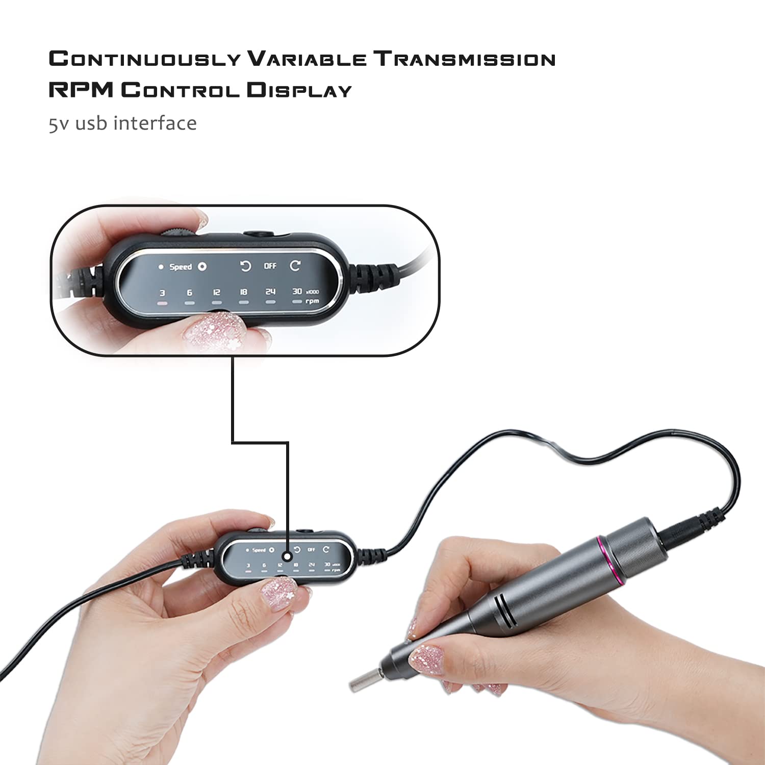Fuegobird Electric Nail Drill Kit, Portable USB Nail File Tool for Acrylic Gel Nails, Professional Manicure Pedicure Efile Machine for Home and Salon, 30000 RPM with LCD Display Control - Image 3